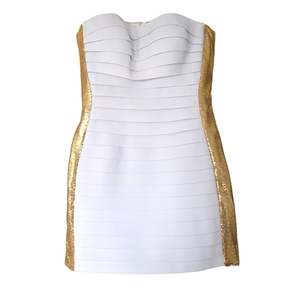 SOLD - Sherri Hill White Strapless Bandage Dress w/ Gold Chainmail Colorblock - Picture 2 of 4